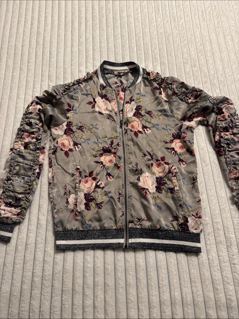 gimmicks Gray Satin Floral Bomber Jacket with Pink Roses